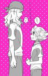  earth_eleven height_difference inazuma_eleven_(series) inazuma_eleven_go inazuma_eleven_go_galaxy kusaka_ryuuji long_hair male_focus matsukaze_tenma monochrome multiple_boys nano_(lanthan00) open_mouth soccer_uniform sportswear standing 