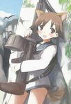  :d animal_ears bird brown_eyes brown_hair drum_magazine gun looking_at_viewer machine_gun miyafuji_yoshika oimu_(ununsan) open_mouth smile solo strike_witches tail weapon world_witches_series 