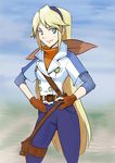  blonde_hair blue_sky bow breasts clarissa_arwin colorized fingerless_gloves gloves green_eyes hairband hands_on_hips highres holster jacket kuso_otoko lips long_hair looking_at_viewer medium_breasts neckerchief pants sky smile solo thigh_holster very_long_hair wild_arms wild_arms_xf 