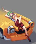  boots breasts car green_eyes green_hair ground_vehicle highres large_breasts lips lying monorus motor_vehicle multicolored_hair navel nipples on_back on_vehicle pink_hair reclining redline shirt_lift shorts smile solo sonoshee_mclaren two-tone_hair 