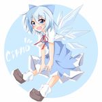  blue_dress blue_eyes blue_hair bow cirno dress hair_bow hakobako ice ice_wings loose_socks ribbon short_hair socks solo touhou wings 