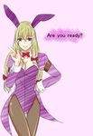  animal_ears armband blonde_hair bow bowtie breasts bunny_ears bunny_girl bunnysuit cleavage detached_collar hair_bow hand_on_hip index_finger_raised large_breasts leotard long_hair pantyhose purple_background purple_eyes purple_leotard samuimu smile solo touhou wrist_cuffs yakumo_yukari 