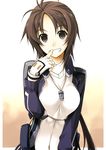  bad_id bad_pixiv_id bodysuit breasts brown_eyes brown_hair finger_to_face fingerless_gloves gloves grin jewelry kyoukaisenjou_no_horizon long_hair long_sleeves medium_breasts necklace oriotorai_makiko ponytail shikei smile solo 