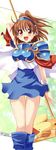  arle_nadja armor armored_dress blue_skirt brown_eyes brown_hair capelet carbuncle_(puyopuyo) character_name creature green_background highres madou_monogatari puyopuyo sakagami_yuura short_hair skirt smile staff 