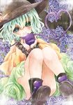  blue_flower blue_rose blush boots edo. eyeball floral_print flower green_eyes green_hair hat hat_ribbon heart heart_of_string komeiji_koishi ribbon rose short_hair sitting skirt smile solo third_eye touhou wide_sleeves 