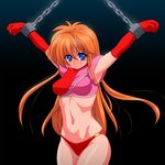  alpha_(game) arms_up bdsm black_background blue_eyes bondage bound chain chris_(alpha) elbow_gloves gloves inferno_(nanbu14) long_hair midriff navel orange_hair solo 