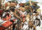  5boys auruo_bossard black_hair blonde_hair boots brown_hair emblem erd_gin eren_yeager gunter_shulz jacket levi_(shingeki_no_kyojin) multiple_boys paradis_military_uniform petra_ral shibaken shingeki_no_kyojin short_hair smile survey_corps_(emblem) sword thigh_strap three-dimensional_maneuver_gear weapon 