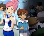  6+boys blue_eyes blush blush_stickers breasts brown_hair earth_eleven from_behind green_hair inazuma_eleven_(series) inazuma_eleven_go inazuma_eleven_go_galaxy jacket kusaka_ryuuji lightning_bolt manabe_jin'ichirou matatagi_hayato matsukaze_tenma medium_breasts minaho_kazuto mizuhara_aki morimura_konoha multiple_boys multiple_girls nozaki_sakura open_mouth pink_hair soccer_uniform sportswear tetsukado_shin track_jacket 