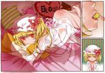  &gt;_&lt; :t bare_legs bare_shoulders barefoot blonde_hair blush closed_eyes daizhenye eating fang flandre_scarlet hat heart heart_pillow off_shoulder on_bed open_clothes open_shirt panties pillow pillow_hug red_eyes shirt short_hair side_ponytail solo touhou underwear white_panties wings 