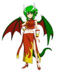  bare_legs draco_centauros dragon_girl dragon_horns dragon_tail dragon_wings dress fang full_body green_hair hand_on_hip highres horns itou_yuuji madou_monogatari pointy_ears puyopuyo red_wings shoes short_hair slit_pupils smile solo tail white_background wings wrist_cuffs yellow_eyes 