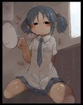  blank_speech_bubble blue_hair blush cowgirl_position girl_on_top hair_cubes hair_ornament heart masha naganohara_mio nichijou see-through sex short_hair short_twintails skirt solo_focus speech_bubble straddling sweat twintails 