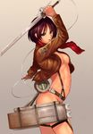  arched_back bottomless breasts brown_hair emblem grey_background jacket medium_breasts mikasa_ackerman navel no_bra paradis_military_uniform red_scarf scarf shingeki_no_kyojin short_hair solo sword thigh_strap three-dimensional_maneuver_gear training_corps_(emblem) weapon whistlerx 