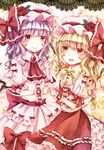  ascot bad_id bad_pixiv_id bat_wings blonde_hair blue_hair bow brooch dress flandre_scarlet flapping flower frilled_dress frills hat hat_bow hat_flower holding_hands interlocked_fingers jaku_sono jewelry looking_at_viewer multiple_girls open_mouth pink_dress pink_eyes puffy_sleeves red_dress red_flower red_rose remilia_scarlet rose sash short_sleeves siblings side_ponytail sisters smile touhou wings wrist_cuffs 