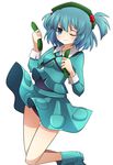  bad_id bad_pixiv_id blue_eyes blue_hair blush boots breasts cucumber hair_bobbles hair_ornament hat highres kawashiro_nitori key medium_breasts one-piece_swimsuit one_eye_closed short_hair skirt smile solo swimsuit swimsuit_under_clothes touhou two_side_up yuka_yukiusa 