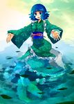  atomic15 bad_id bad_pixiv_id blue_eyes blue_hair breasts curly_hair head_fins japanese_clothes medium_breasts mermaid monster_girl obi open_mouth partially_submerged rock sash smile solo touhou wakasagihime water 