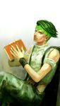  book diamond_wa_kudakenai earrings freer green_eyes green_hair headband jewelry jojo_no_kimyou_na_bouken kishibe_rohan male_focus midriff solo suspenders 