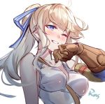  1girl ahoge aki663 between_breasts blonde_hair blue_eyes blush breasts cucouroux_(granblue_fantasy) granblue_fantasy hair_ribbon medium_breasts one_eye_closed ponytail ribbon smile sweat tank_top white_background work_gloves 