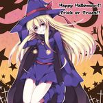  blonde_hair blue_eyes blue_footwear boots cape grin halloween happy_halloween hat highres long_hair madou_monogatari multicolored multicolored_eyes puyopuyo red_eyes skirt smile solo trick_or_treat witch_(puyopuyo) witch_hat yamikage_gumi 
