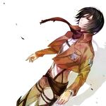  belt black_eyes black_hair emblem jacket kenao mikasa_ackerman paradis_military_uniform scarf shingeki_no_kyojin short_hair solo thigh_strap training_corps_(emblem) 