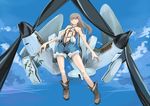  aircraft airplane bare_shoulders blue_eyes boots breasts brown_hair cloud day hair_ornament leaf long_hair mecha_musume military mosquito_(airplane) nano open_fly original personification propeller sky small_breasts solo tree_branch unzipped world_war_ii 