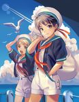  aojin_(aojinchi) bad_id bad_pixiv_id bird black_hair blonde_hair brown_eyes cloud day hat hat_ribbon male_focus multiple_boys open_mouth original outdoors ribbon sailor seagull shorts sky smile tears water 