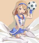  bad_id bad_pixiv_id ball blonde_hair blush choker collarbone fingerless_gloves gloves grey_eyes headset idolmaster idolmaster_cinderella_girls long_hair open_mouth riva0412 sleeveless soccer_ball solo thighhighs white_legwear yuuki_haru 