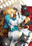  animal_ears bad_id bad_pixiv_id bed blonde_hair cat_ears dress green_eyes kizuka_kanata long_hair original pillow solo stuffed_animal stuffed_toy 