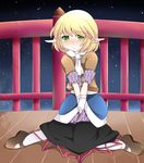  bad_id bad_pixiv_id blonde_hair blush bridge commentary green_eyes hammer_(sunset_beach) have_to_pee long_pointy_ears mary_janes mizuhashi_parsee pointy_ears scarf shoes short_hair sitting skirt solo touhou v_arms wariza white_scarf 