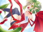  arm_warmers black_legwear draco_centauros dragon_girl dragon_horns dragon_tail dragon_wings full_body green_hair horns looking_back madou_monogatari oyuki_(otozuki_mozuku) pointy_ears puyopuyo red_wings shoes short_hair smile solo tail thighhighs wings yellow_eyes 