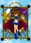  1girl arle_nadja armor armored_dress bare_legs blue_skirt brown_eyes brown_hair cape character_name crescent_moon full_body highres kaorin_minogue madou_monogatari moon no_nose puyo_(puyopuyo) puyopuyo red_cape shoes short_hair skirt smile solo staff 