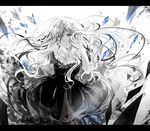  blue_eyes breasts cleavage dress hair_over_one_eye ia_(vocaloid) kagerou_variation_(vocaloid) letterboxed long_hair medium_breasts monochrome sakuragi_kei solo spot_color vocaloid 