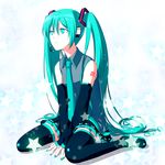  boots detached_sleeves green_eyes green_hair hatsune_miku headset long_hair nail_polish necktie niduca_(hio_touge) sitting skirt solo star thigh_boots thighhighs twintails very_long_hair vocaloid wariza 