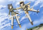  absurdres animal_ears belt black_hair cloud cloudy_sky condensation_trail day erica_(naze1940) eye_contact flagpole glasses hat highres holding_hands long_hair looking_at_another military military_uniform multiple_girls original purple_eyes ribbon short_hair shorts sky striker_unit tail temple uniform world_witches_series 