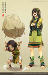  ankle_wrap avatar:_the_last_airbender avatar_(series) barefoot belt black_hair child crossed_arms element_bending engrish geokinesis green_eyes hairband kellylee lin_bei_fong long_hair mother_and_daughter multiple_girls older ranguage rock signature sweat teaching the_legend_of_korra toeless_legwear toph_bei_fong translation_request wristband younger 