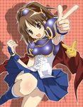  arle_nadja armor armored_dress blue_footwear blue_skirt boots brown_eyes brown_hair cape carbuncle_(puyopuyo) creature madou_monogatari mikeneko_(stray-sheep) panties pink_background pointing puyopuyo short_hair shoulder_pads skirt smile underwear white_panties 