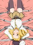  arms_up bed black_legwear blonde_hair breasts covered_nipples drill_hair forehead gotoshi gun hat large_breasts long_hair lying mahou_shoujo_madoka_magica on_back on_bed pinstripe_pattern puffy_nipples rifle skirt solo striped thighhighs thighs tomoe_mami twin_drills twintails weapon yellow_eyes 