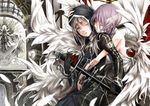  angel bad_id bad_pixiv_id closed_eyes dress gloves grey_eyes grey_hair hood hug kizuka_kanata long_hair multiple_girls original purple_hair sword weapon 