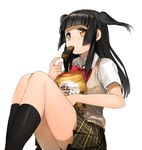  bad_id bad_twitter_id black_hair bow eating erubo food hime_cut long_hair orange_eyes original school_uniform shiokari_monaka short_sleeves simple_background solo sweater_vest two_side_up white_background 