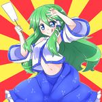  :p blue_eyes blush breasts detached_sleeves frog_hair_ornament gohei green_hair hair_ornament hair_tubes kochiya_sanae long_hair medium_breasts midriff navel skirt smile snake_hair_ornament solo tongue tongue_out touhou yuuki_(yuyuki000) 