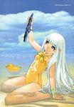  absurdres aoki_hagane_no_arpeggio ark_performance barefoot cloud day frilled_swimsuit frills highres i-401_(aoki_hagane_no_arpeggio) iona long_hair military military_vehicle non-web_source ocean official_art one-piece_swimsuit personification rubber_duck scan ship silver_hair sky solo submarine swimsuit watercraft 