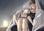  1girl bad_id bad_pixiv_id bandages blanket brown_eyes brown_hair claudia_hortensia couple cross cross_necklace dress eyepatch fate/zero fate_(series) hetero husband_and_wife jewelry kotomine_kirei necklace short_hair white_hair yellow_eyes yukai_sachiko 