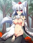  animal_ears blush breasts cleft_of_venus day detached_sleeves hat highres inubashiri_momiji kokutou_nikke large_breasts navel nipples no_bra no_panties outdoors pink_eyes pussy shirt_lift short_hair skirt skirt_pull smile solo tail tokin_hat touhou tree white_hair wolf_ears wolf_tail 