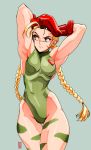  1girl 2019 90s absurdres antenna_hair armpits arms_up beret bodypaint braid breasts cammy_white commentary contrapposto cowboy_shot david_liu elbow_gloves english_commentary forehead gloves green_background green_leotard hat highleg highleg_leotard highres leotard long_hair looking_to_the_side red_gloves scar small_breasts solo standing street_fighter street_fighter_ii_(series) thick_thighs thigh_gap thighs toned twin_braids 