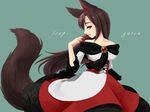  animal_ears bad_id bad_pixiv_id bare_shoulders brooch brown_hair dress fingernails french imaizumi_kagerou jewelry long_fingernails long_hair nekomissile red_eyes simple_background solo tail touhou very_long_hair wolf_ears wolf_tail 