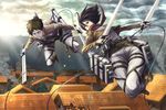  1girl belt black_eyes black_hair boots brown_hair building cloud dual_wielding emblem eren_yeager holding house jacket looking_down loup mikasa_ackerman paradis_military_uniform scarf shingeki_no_kyojin short_hair sky smoke sword thigh_strap three-dimensional_maneuver_gear training_corps_(emblem) wall weapon wire 