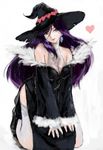  bare_shoulders blue_eyes breasts bridal_gauntlets cleavage earrings hair_between_eyes hat heart jewelry kneeling large_breasts long_hair mole mole_under_mouth original pon purple_hair side_slit solo thighhighs white_legwear witch_hat 