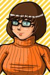  1girl borockman breasts brown_hair bust freckles glasses large_breasts ribbed_sweater scooby-doo solo sweater taut_clothes turtleneck upper_body velma_dace_dinkley 