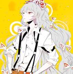  arm_garter bad_id bad_pixiv_id fujiwara_no_mokou grey_hair kyer long_hair shirt sleeves_rolled_up solo suspenders touhou very_long_hair white_shirt yellow_background 