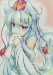  absurdres animal_ears biting colored_pencil_(medium) detached_sleeves eating hat highres inubashiri_momiji kitazinger red_eyes short_hair solo tail tokin_hat touhou traditional_media white_hair wolf_ears wolf_tail 