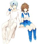  1girl arle_nadja bad_id bad_pixiv_id blue_eyes blue_footwear blue_headband blue_skirt boots brown_hair couple expressionless full_body guriribalove headband hetero knee_boots madou_monogatari pants puyopuyo schezo_wegey shoes short_hair sitting skirt white_background white_hair yellow_eyes 